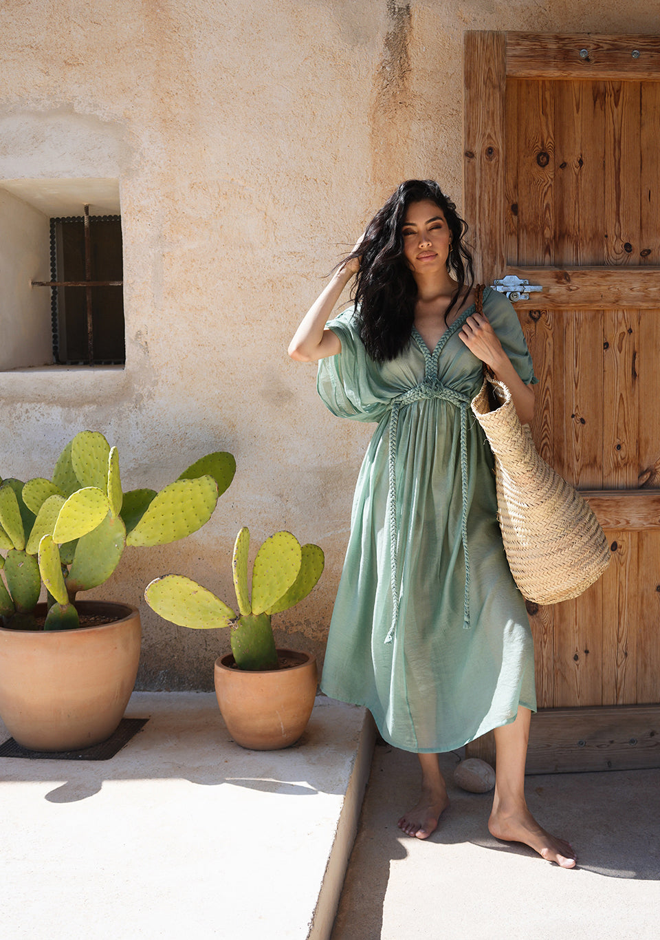 basil green dress MAR DE LUA Oti Basil Maxi Dress | Olive Elegant Resort Dress